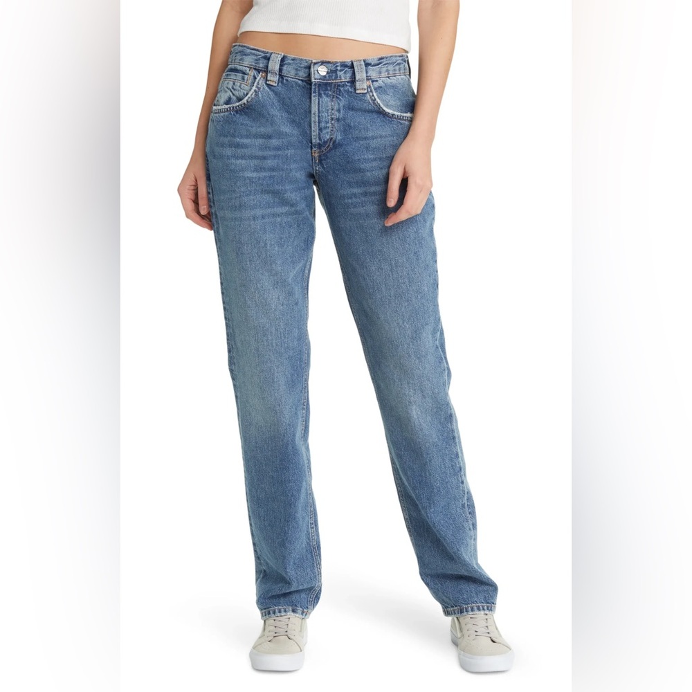 Free People We the Free CRVY Low Rise Siren Button Fly Straight in Blue Denim